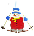 Снеговик-лыжник. Подвесная фигурка из дерева